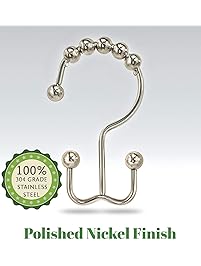 THE DOUBLE HOOK Premium Quality Double Shower Curtain Hooks, 100% Rustproof POLISHED Chrome 304 Grade Stainless Steel Durable Rollers, Smooth Gliding, Time Saving Design, Easy-To-Install, 12 piece set