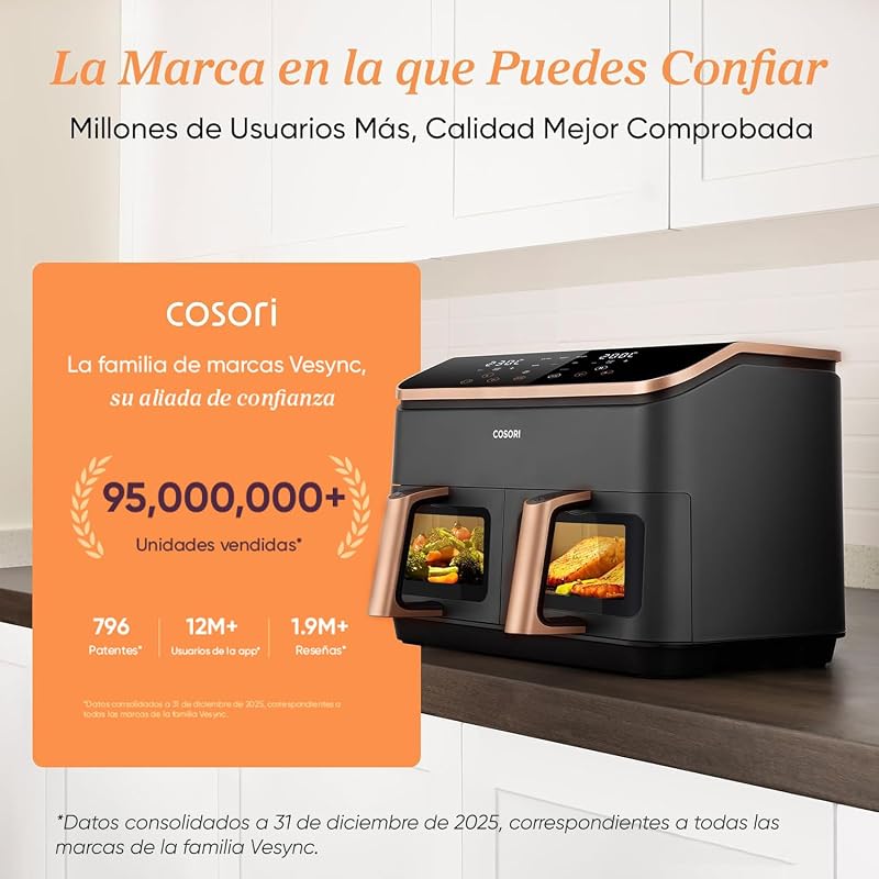 Fritadeira cosori air com cesta dupla fritadeira air 8,5l, capacidade adequada, mais saudável, acabamento sync, 2-4 pessoas, 10 em 1, 35-230 ℃, fácil de usar, rápido e crocante, interior em aço inoxidável, dourado