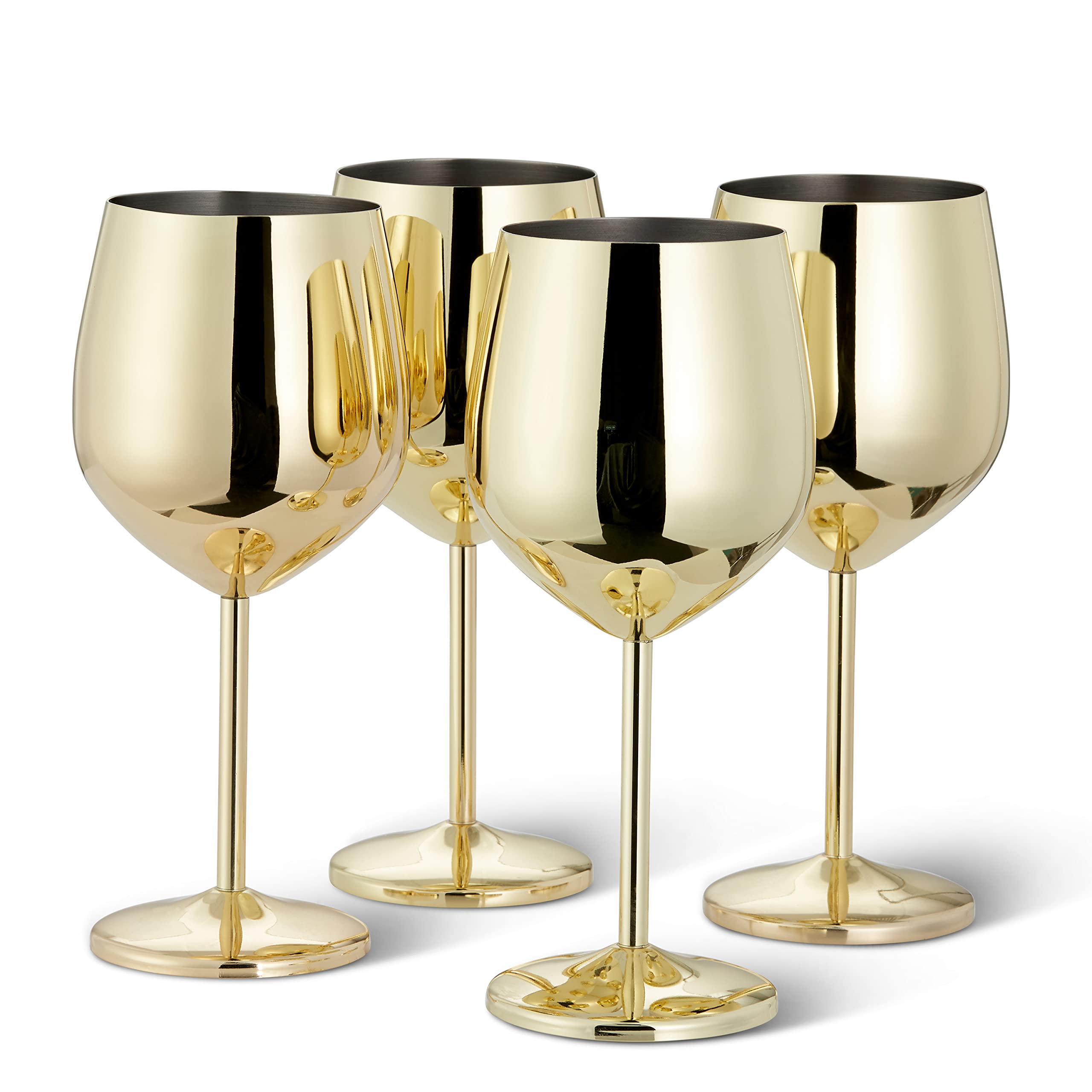 Oak & Steel - 4 Stainless Steel Gold Wine Glasses, 500ml - Shatterproof Party Glass Set with Gift Box