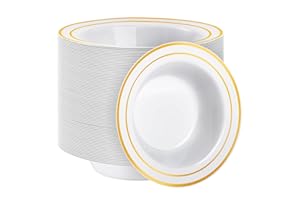 Goodluck 100 Pack Plastic Bowls with Gold Rim, 12oz Disposable Soup Bowls, Heavy Duty Dessert Bowls for Weddings, Parties, Dinners, Catering, Thanksgiving and Everyday Use