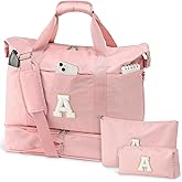 Weekender Bag for Women with Shoe Compartment, Travel Duffle Bag with Makeup Pouch,Birthday Gift for Her,Light Pink,Letter A