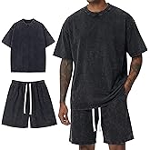 Arssm Mens Short Sets Outfits 2 Piece Summer Outfits Oversized T-Shirt Shorts Set Acid Wash Short Sleeve Tracksuit