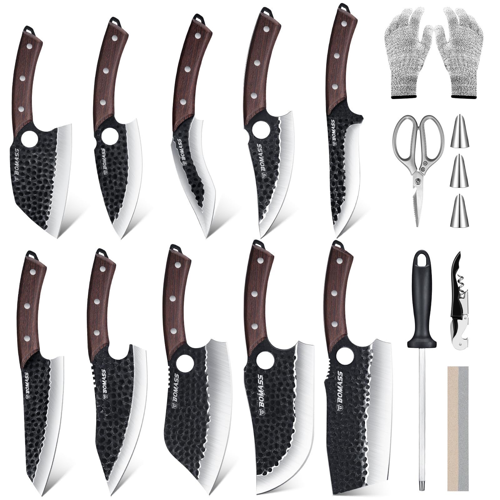 Meat Cleaver Butcher Knife Set of 17Pcs, Hand Forged Kitchen Knives Set, High Carbon Steel Chef Knife Set with bag & 6 Accessories, Boning Knives for Meat Cutting, Outdoor Cooking BBQ Camping Gift