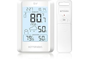 BETTSPARKS Indoor Outdoor Thermometer Wireless Remote Temperature & Humidity Monitor, Home Weather Station Inside Outside Temperature Gauge Battery Powered with Clock and 330ft Range Remote Sensor for Patio