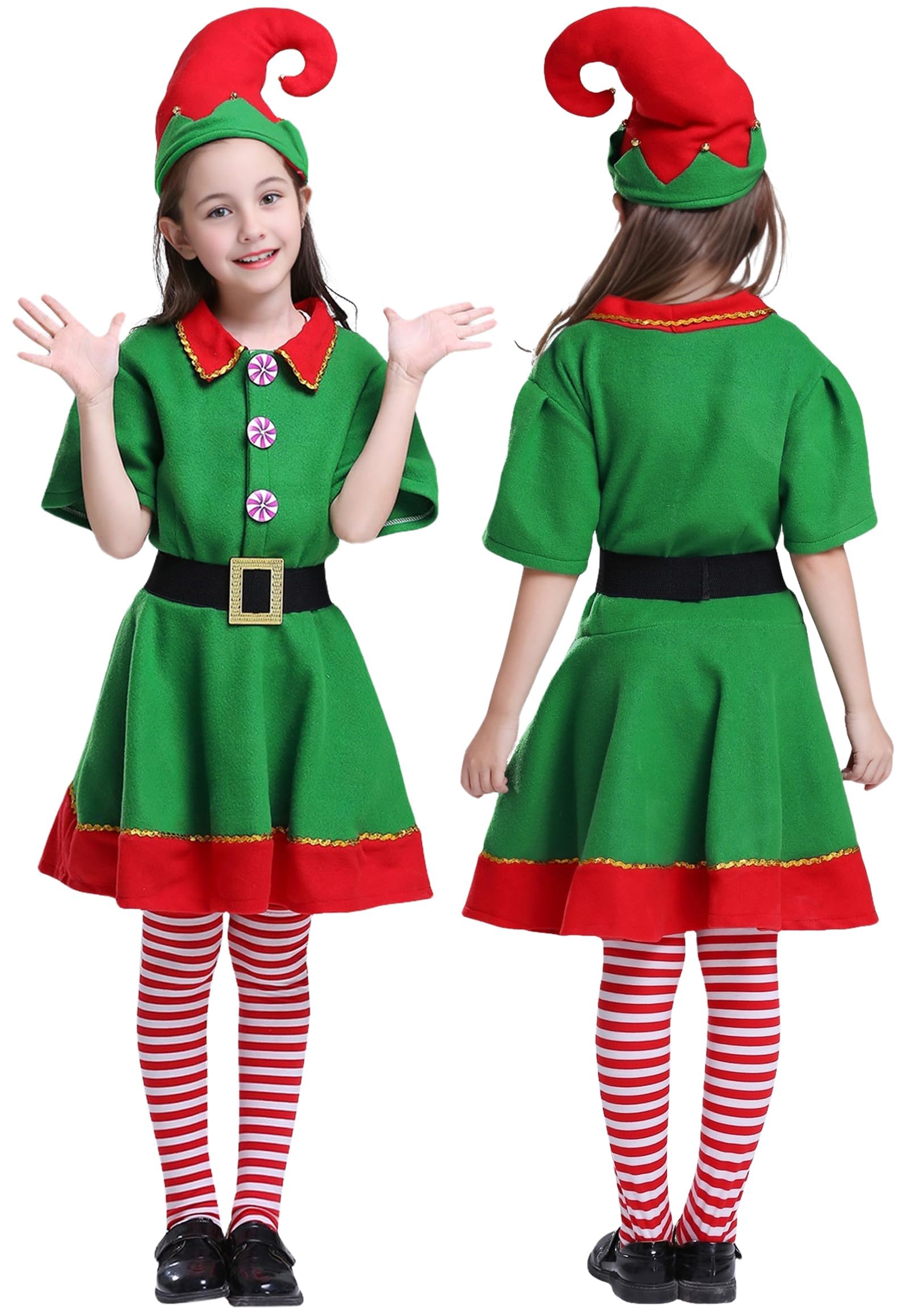 EOZY Santa Elf Costume Kids Chirstmas Elf Costumes for Girls Xmas Party Santa Fancy Dress Outfit with Hat and Stockings