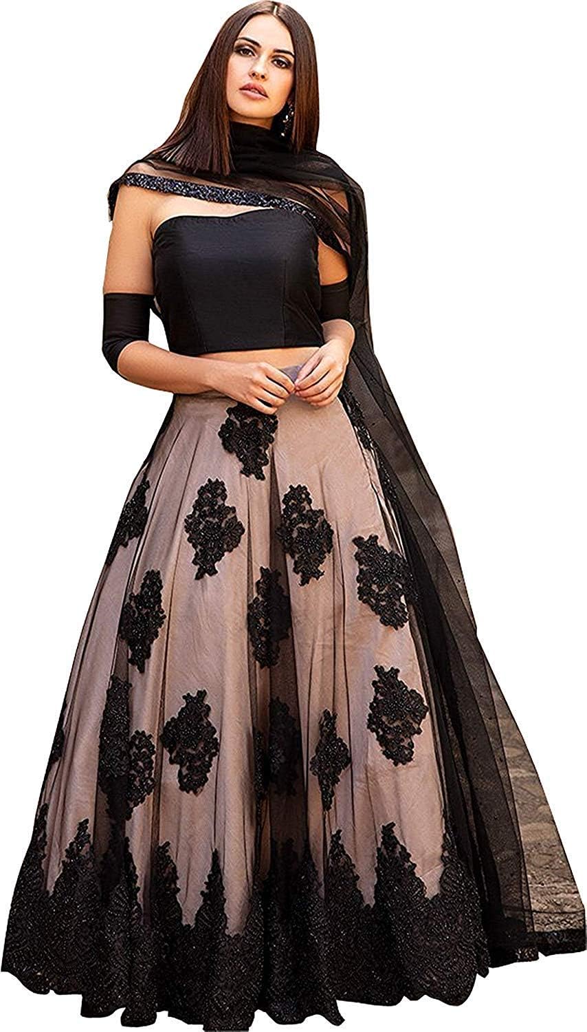 Women's Satin Semi-stitched Lehenga Choli (RK01, Black, Free Size)
