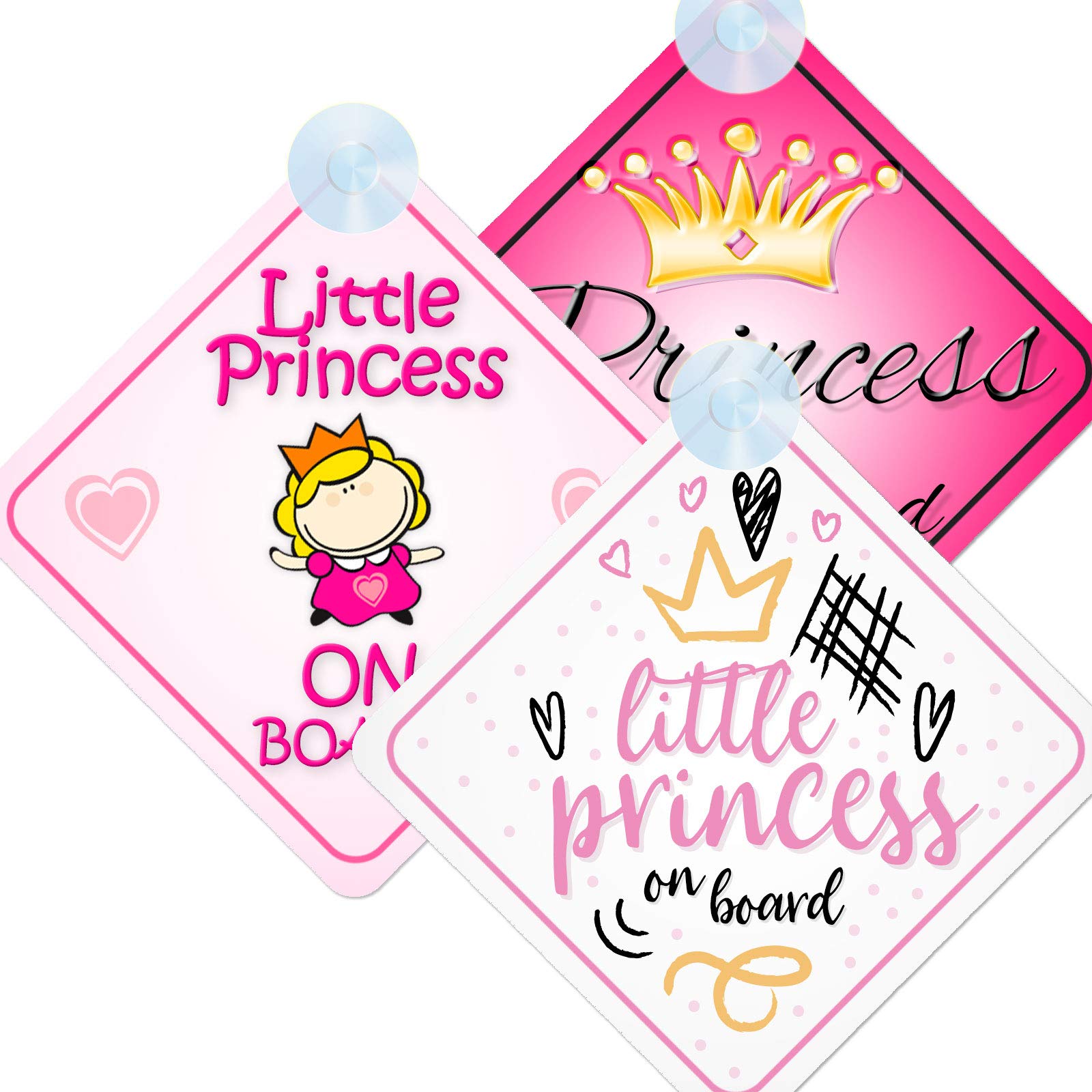 Princess on Board Baby/Child Sign for Car, 3pcs Kids Safety Warning Triple Pack with Suction Cups Little Princess/Princess001/Princess024