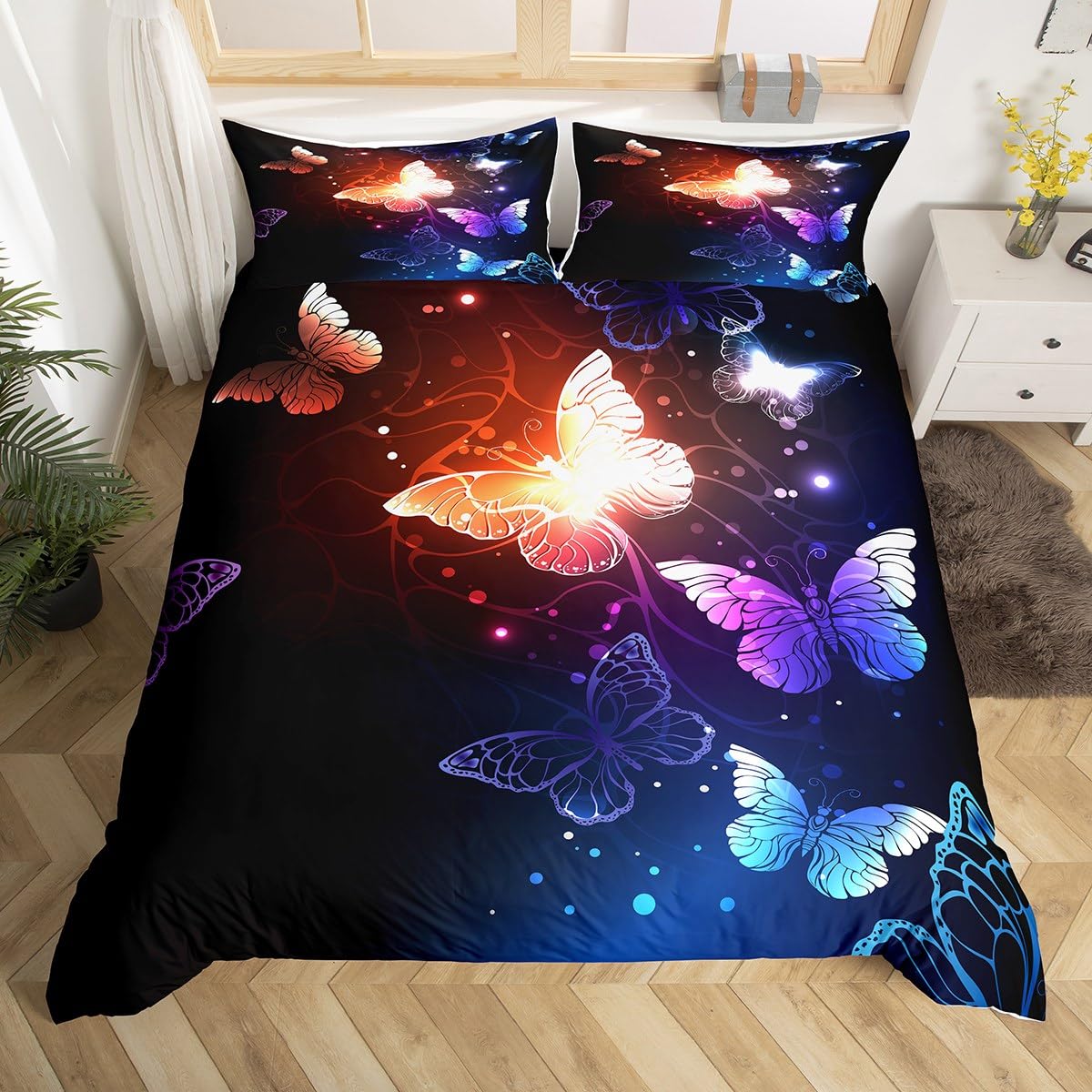 Glowing Red Butterfly Duvet Cover Microfiber Quilt Cover Decorative Purple Blue Butterfly Comforter Cover Set for Kids Girls Teens 3Pcs Bedding with 2 Pillowcase Double (No Comforter)