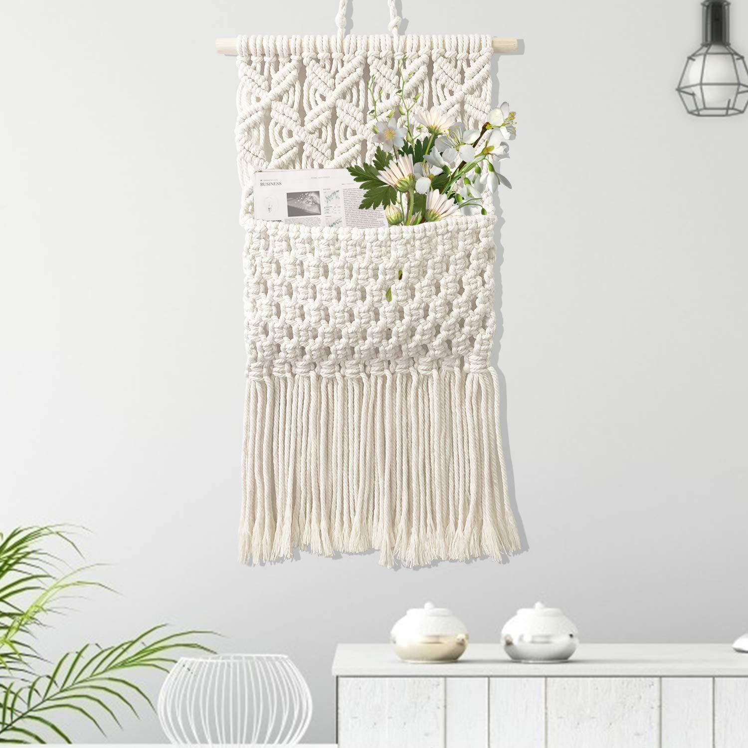 Macrame Wall Hanging Tapestry,Wall Decor Chic Handmade Cotton,Woven Bohemian Home Decoration,Magazine Storage Organizer Tapestry Pocket Boho Wall Decor for Living Room Bedroom Party Decoration