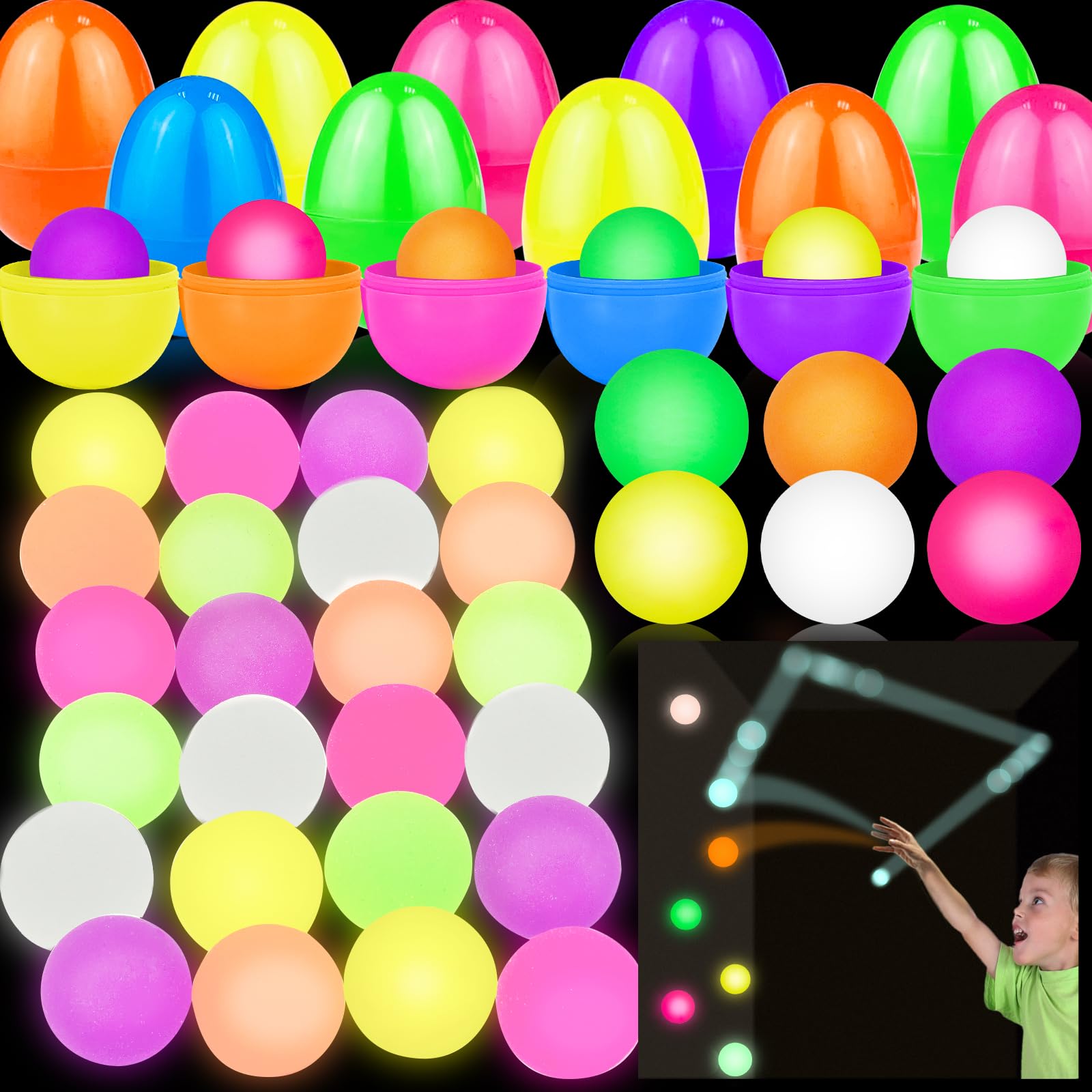 Easter Basket Suffers 24 Pack Prefilled Easter Eggs with Glow in The Dark Bouncy Balls 6 Colors High Bouncy Balls Stress Relief Fidget Toys Easter Eggs Filled Hunt Party Gift for Kids Boys Girls Teens