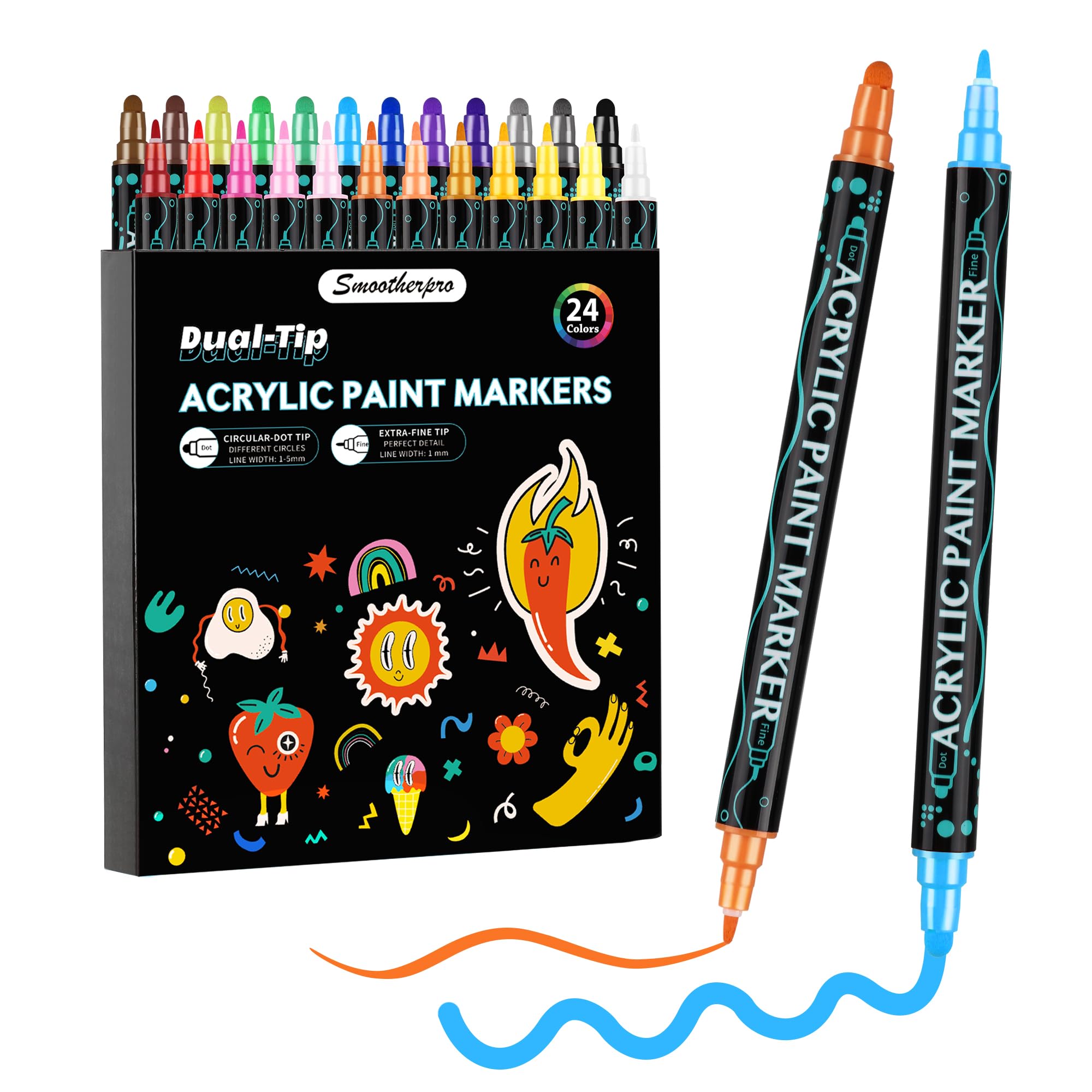 SMOOTHERPRO Acrylic Paint Markers, 24 Colors Dual Tip Acrylic Paint Pens for Wood, Canvas, Stone, Pumpkins, Rock Painting, Glass, Plastic, Ceramic, DIY Crafts Art Supplies