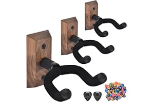 MOREYES Guitar Wall Mount 3 Pack with 40Pcs Guitar Picks, Black Walnut Wood Guitar Hanger, Rotatable U-Shaped Guitar Wall Hanger, Guitar Hook for Acoustic Guitar, Electric Guitar, Bass, Black