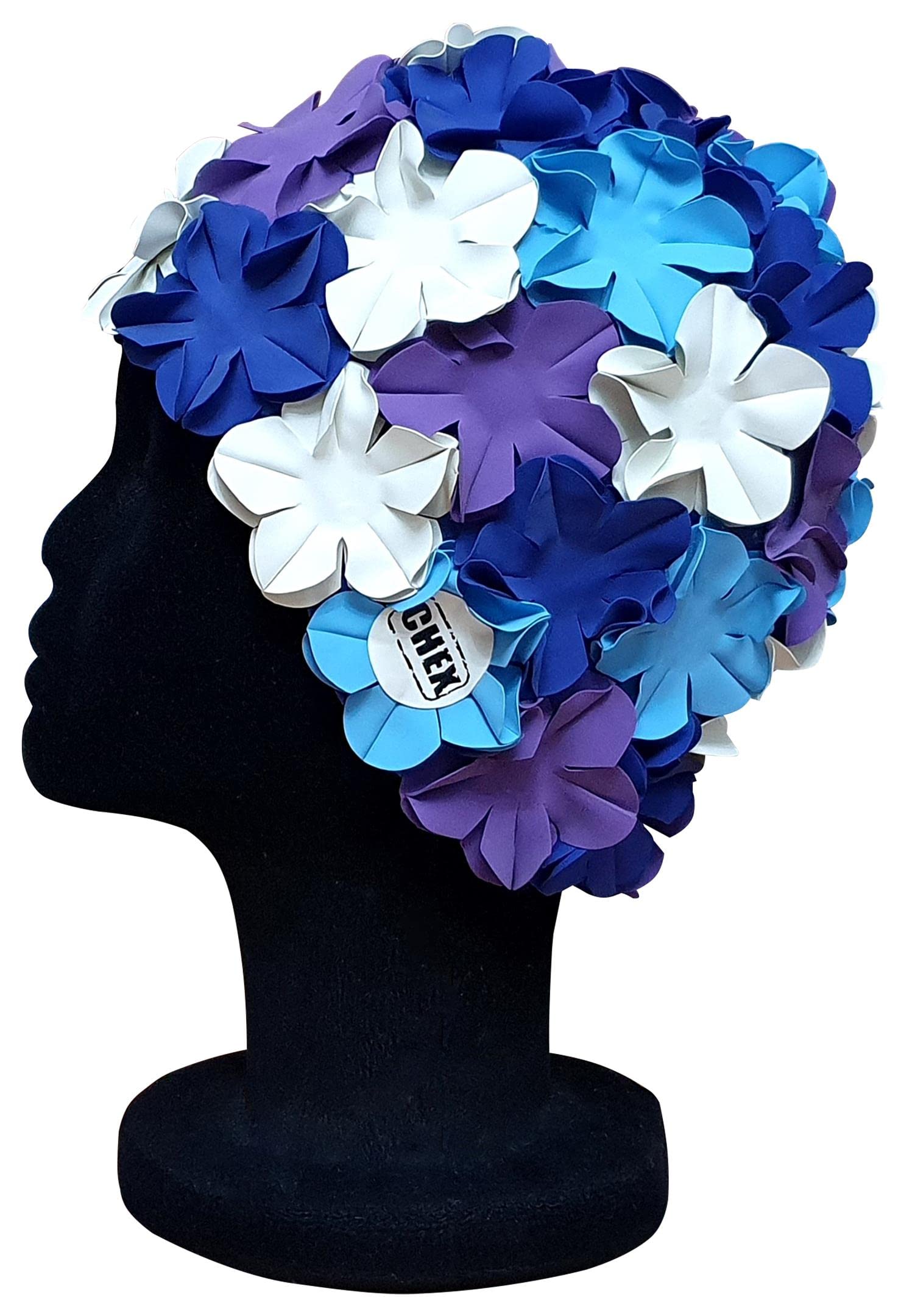 CHEX Anzio Thermal Rubber Floral Ladies Classic Retro 3D Flower Petal 4 Colour Stunning Vintage Art Deco Look Swimming Hat Swim Cap Generous One Size Adults (Purple/White/Navy/Sky)