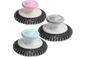 BUSHIBU Steel Wool Scrubber, 3 Pack Stainless Steel Scrubber with Handle, Metal Sponge Scrubber for Cleaning Dishes, Pots, Pans, Grill(Pink/Blue/Grey)