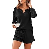 PrinStory Pajamas Set for Women Waffle Knit Lounge Set 2 Piece Outfits Matching Sets Loungewear Sweatsuit with Pockets