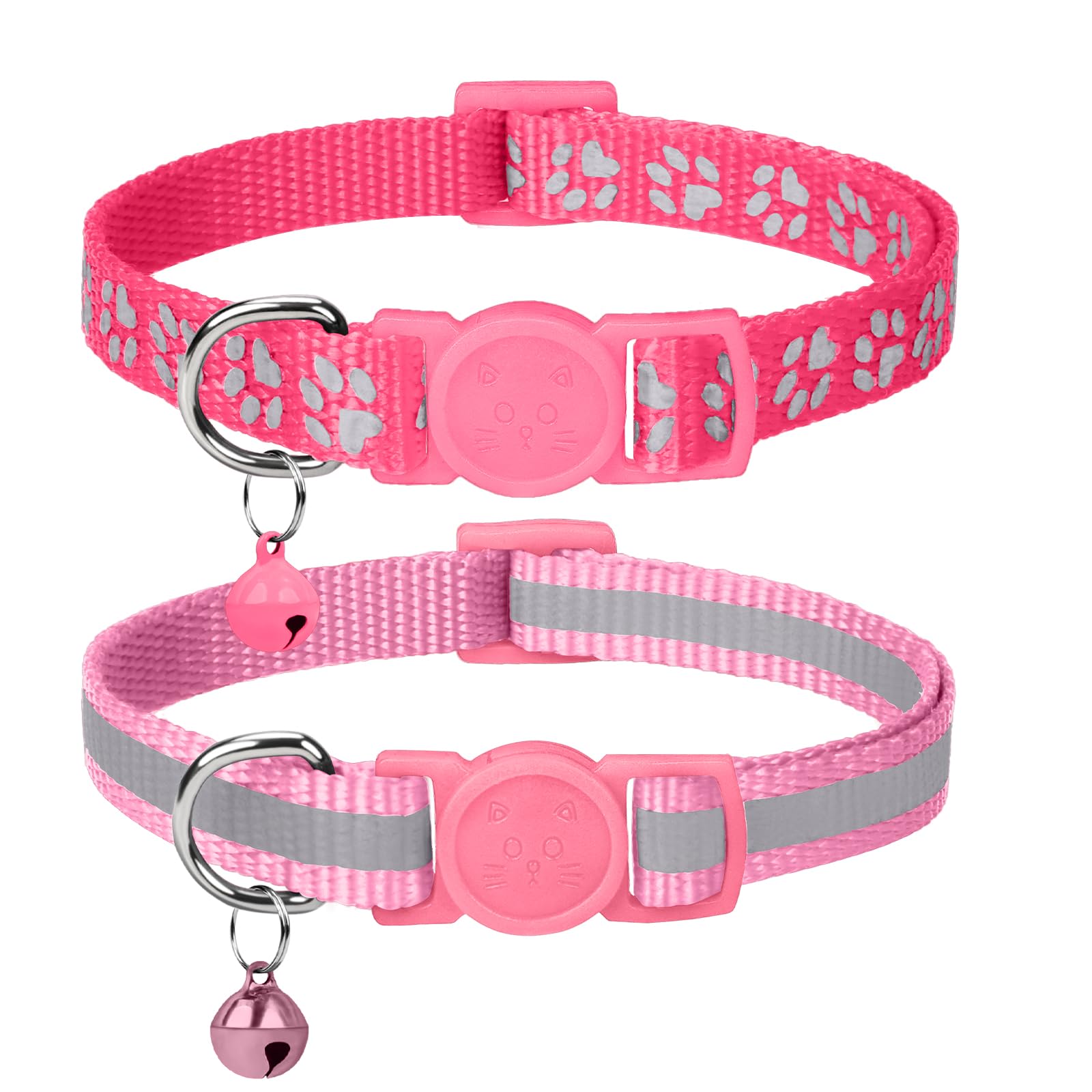 Taglory Reflective Cat Collar with Bell and Safety Release, 2-Pack Girl Boy Pet Kitten Collars Adjustable 19-32 cm Pink