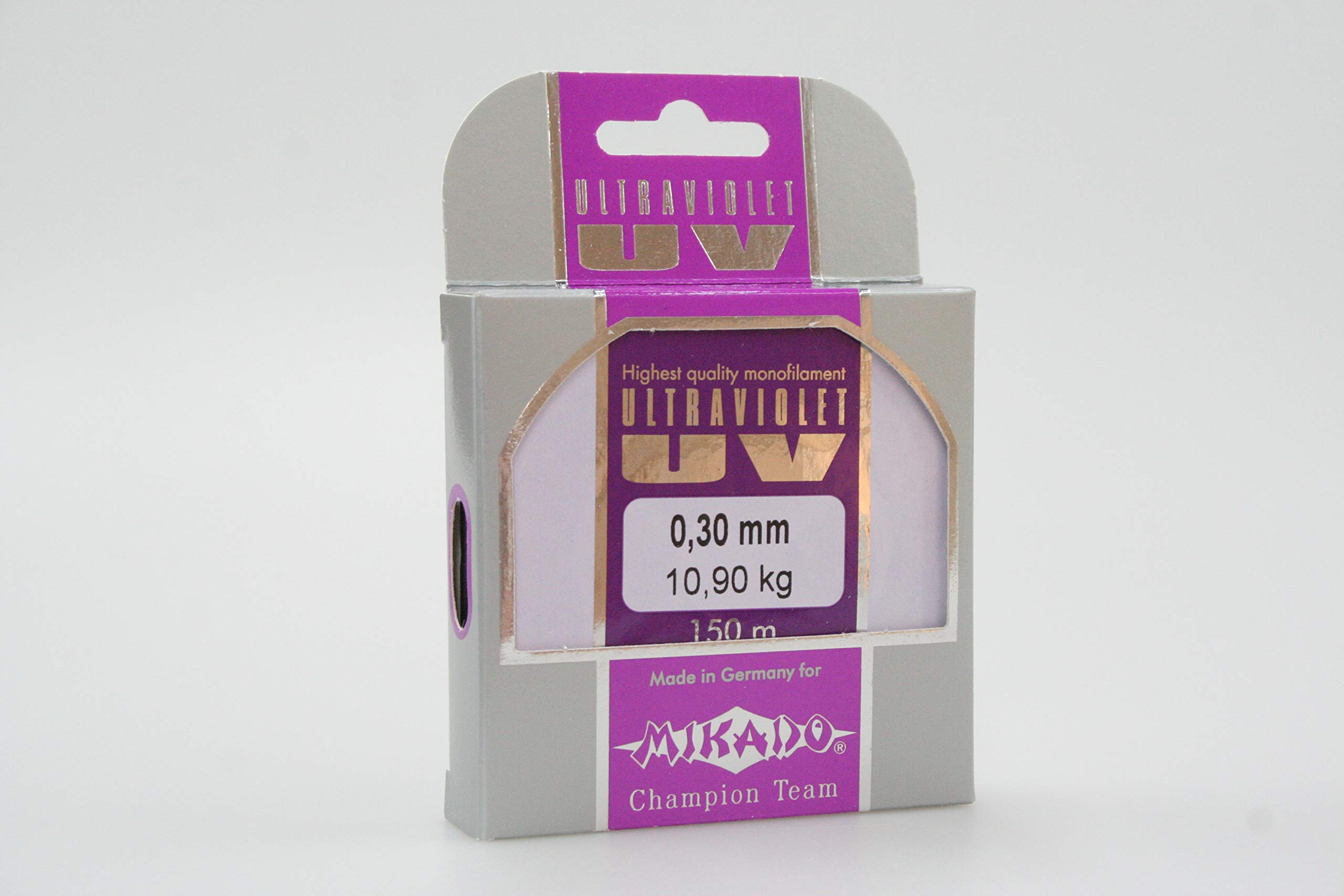 150 m "Mikado Ultraviolet" high performance competition fishing line, available from 0.06 to 0.40 mm diameter (diameter 0.30 mm, load capacity 10.90 kg).