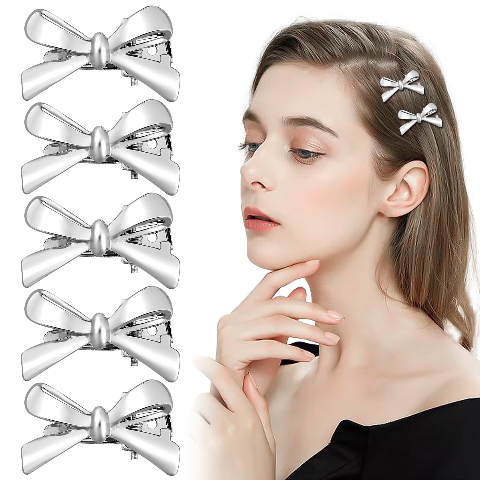 Photo 1 of ** 3 PCS ** TUCEWP Small Metal Hair Bows for Women Girls 5Pcs Silver Bow Hair Clips Tiny Mini Ribbon Bowknot Alligator Hair Clips Cute Simple Coquette Bow Hairpins Barrettes Fashion Party Y2k Hair Accessories