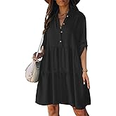 Bsubseach Womens Summer 2026 Casual Midi Dresses Button Down 3/4 Sleeve Ruffle Dress Boho Beach Vacation Sundress