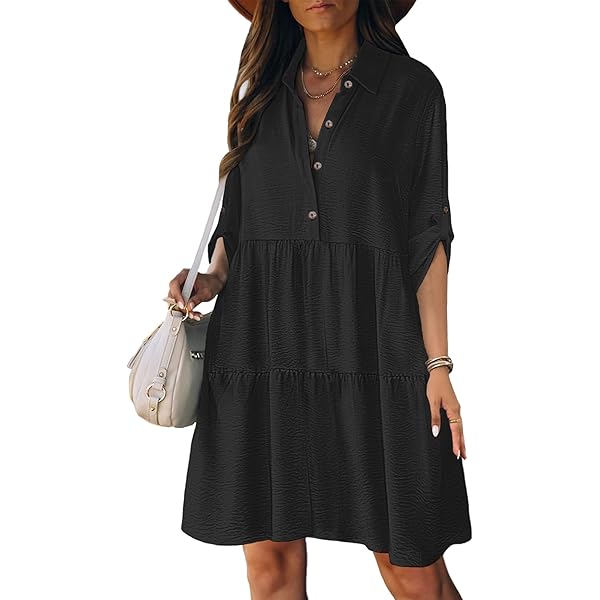 Women's Summer Babydoll Mini Dress - Flowy Puff Sleeve Tunic With Buttons, Tiered Hem, And Pockets - View #7