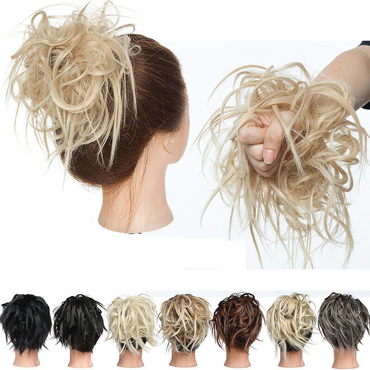 Tousled Updo Messy Bun Hair Piece Scrunchies Synthetic Wavy Bun Extensions Rubber Band Elastic Scrunchie Chignon Instant Ponytail Hairpiece for Women Dark Blonde to Bleach Blonde