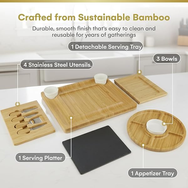 CHARCUTERIE BOARD GIFT SET, EXPANDABLE BAMBOO CHEESE BOARD WITH STAINLESS STEEL SERVING UTENSILS, CERAMIC BOWLS, APPETIZER AND SERVING TRAYS, UTENSIL TRAYS – HOUSEWARMING 2 DRAWERS