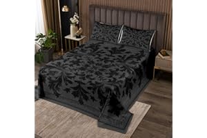 Manfei Black Damask Bedspread Twin Size,Vintage Damask Floral Coverlet Set 2pcs,Antique Victorian Baroque Quilted Coverlet wi