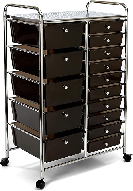 Seville Classics 15-Drawer Multipurpose Mobile Rolling Utility Storage Organizer Cart, Translucent Black