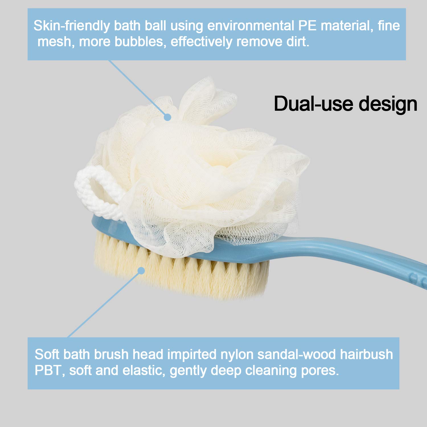 EAONE 2 PACK Shower Body Brush with Bristles and Loofah, Back Scrubber Long Handle Exfoliating Brush for Wet or Dry (Blue&White) : Beauty