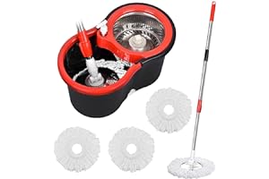 PULNDA Mop and Bucket Set, 360° Spin Mop and Bucket with Wringer Set and 3 Microfiber Mop Refills, Stainless Steel 61" Extended Handle Spinning Mop Bucket System for Floor Cleaning