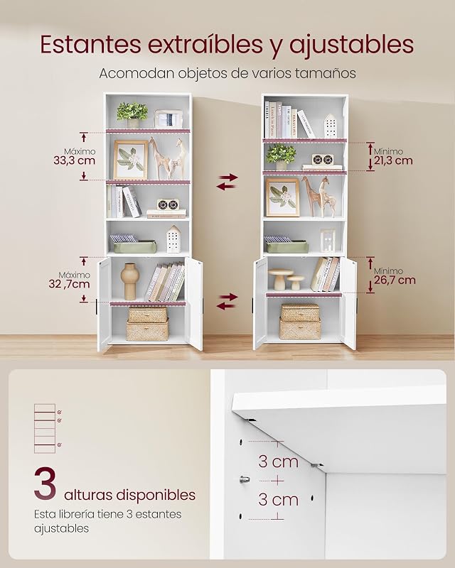 Librería, Estantería Vertical de 6 Niveles, con Puertas, 24 x 60 x 175 cm, para Salón, Estudio, Oficina, Comedor, Blanco Nube LBC402W01