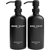 Black Glass Hand and Dish Soap Dispenser Set by Brighter Barns - Kitchen Soap Dispenser Set & Pump - Glass Bottles for Kitchen Sink - Modern Farmhouse Counter Decor, Neutral Home Decor, Gifts (Black)