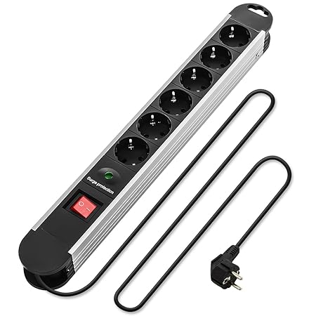 deleyCON 6-Fach Steckdosenleiste - Überspannungsschutz - Kindersicherung - beleuchteter EIN/AUS Schalter - robuster ALU Rahme