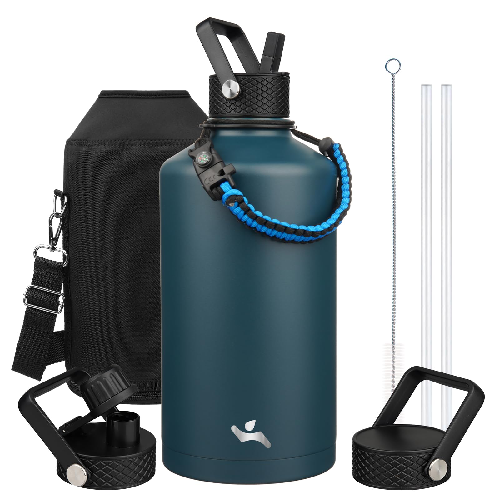 Photo 1 of Konokyo Gallon Insulated Water Bottle with Straw,128 oz 3 Lids Water Jug with Carrying Bag,Paracord Handle, Double Wall Vacuum Stainless Steel Metal Flask,Navy Blue