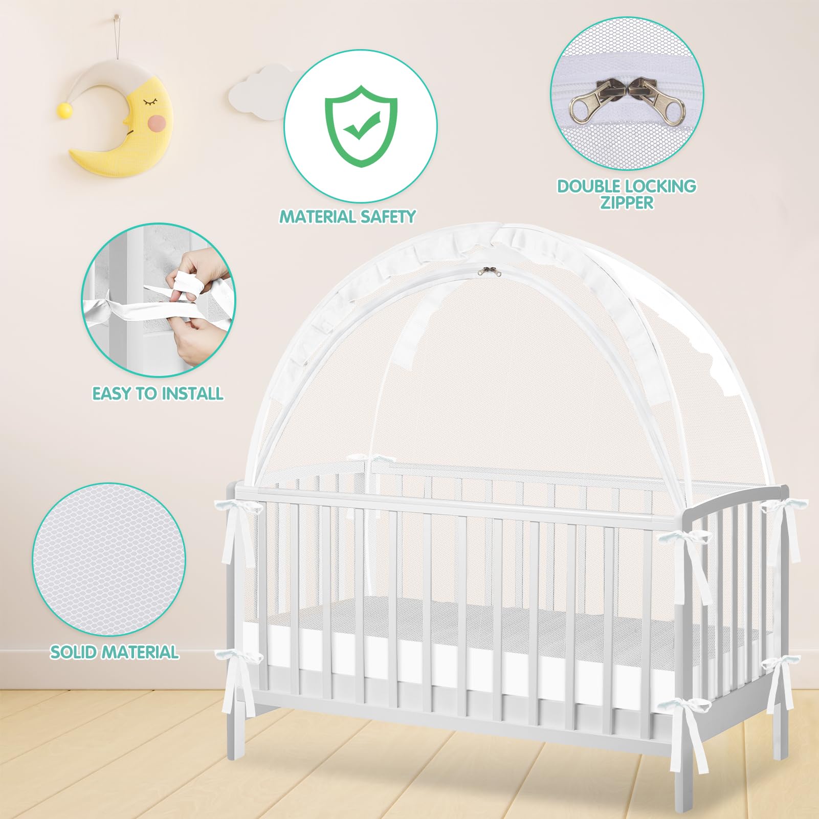 Crib Tent - Crib Net to Keep Baby in, Stop Baby from Climbing Out of Crib, Pop Up Crib Tent with Durable Breathable Net Double Zipper Strong Rods Installation Convenience
