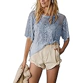 Aimiray Women's Sexy Lace Tops Short Sleeve Round Neck Mesh 3D Printed Floral Sheer Blouse See Through Layering Shirt Tops