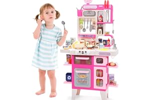 CUTE STONE Kids Kitchen Playset, Play Kitchen Set with Sound & Light, Cooking Stove with Steam, Toy Sink,Play Food Toy and Kitchen Accessories for Pretend Play, Kitchen Toy Set for Toddler Girls, Pink