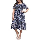 Keluummi Plus Size Wedding Guest Midi Dresses for Curvy Women, Summer Casual Boho Floral Smocked Empire Waist A Line Sundress