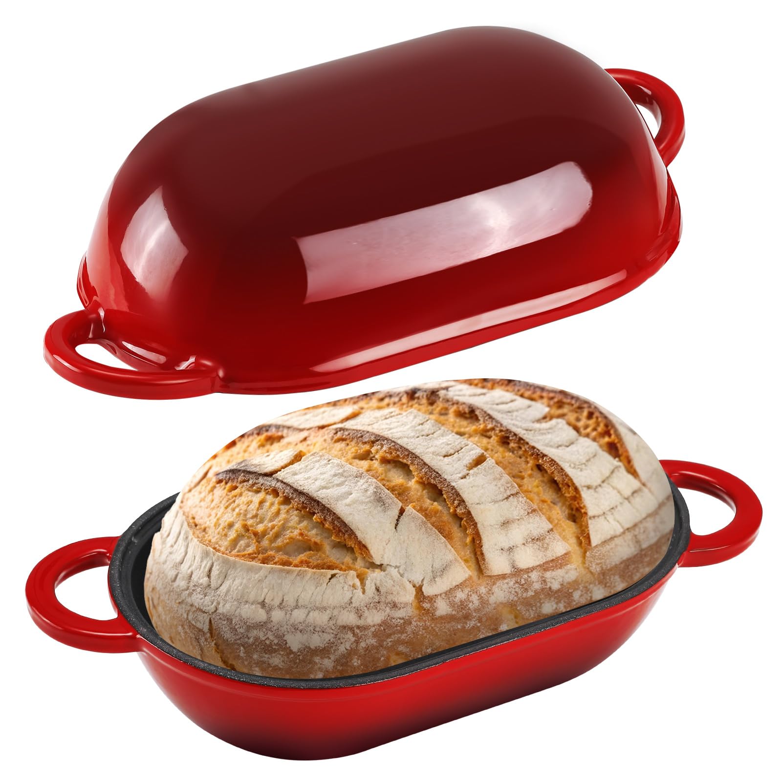 Photo 1 of NSIRONS Enameled Cast Iron Sourdough Bread Oven, 5QT Loaf Cast Iron Bread Pan with Lid, Oval Dutch Oven for Homemade Bread Baking (Gradient Red)