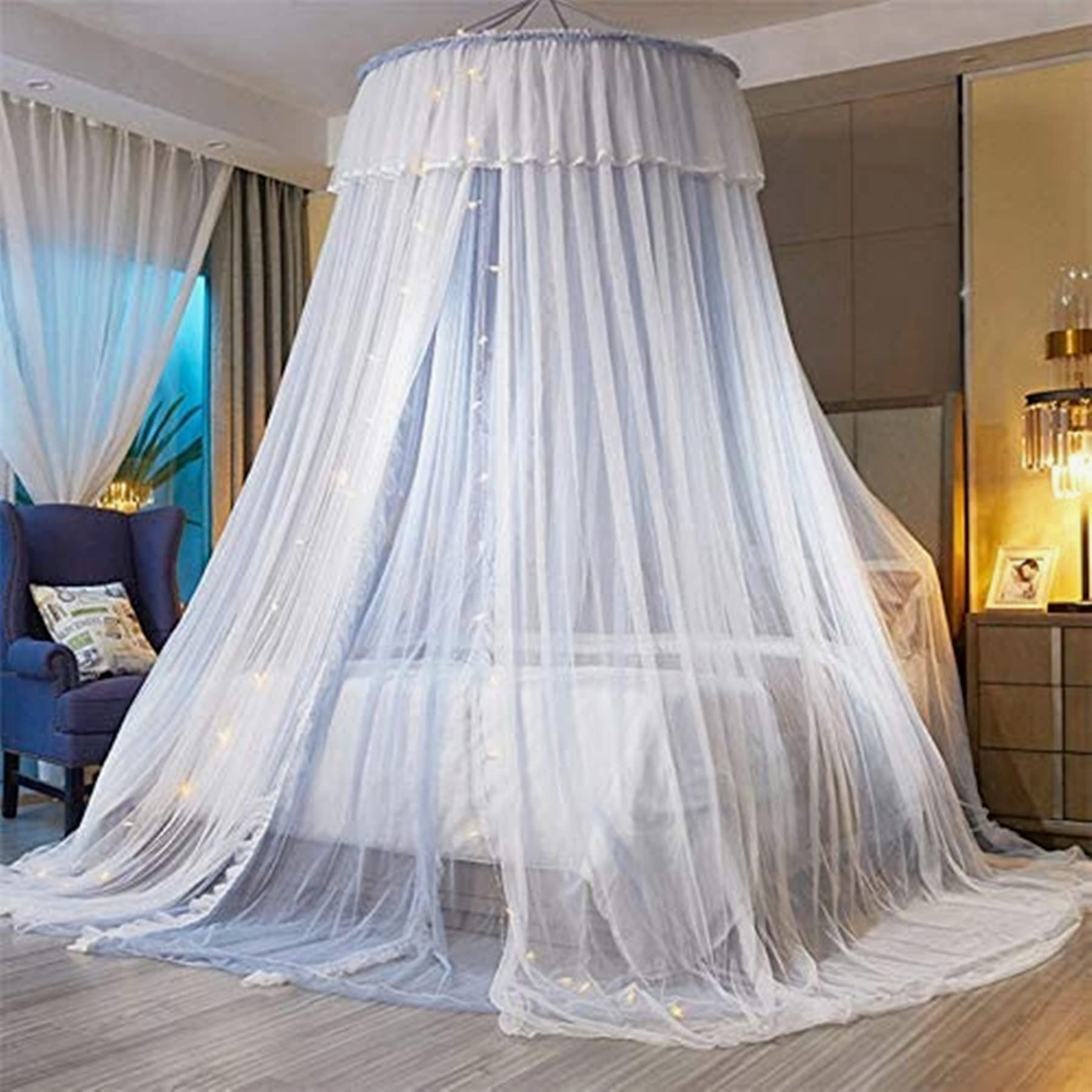Photo 1 of VETHIN Princess Bed Canopy for Girls,Bed Canopy Curtain- Double Layer Sheer Mesh Dome Bed Curtain- Round Lace Princess Mosquito Net Tent with led Stars String Lights(Light Gray/White1)