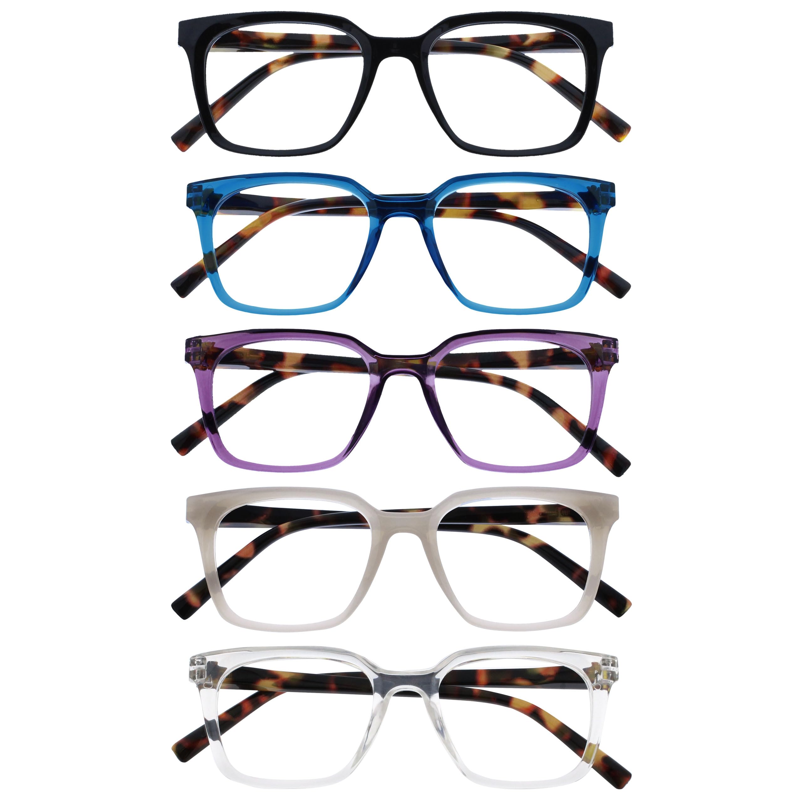 OPULIZE KOI Reading Glasses 5 Pack - Large Rectangular Frame - Black-Blue-Purple-Grey-Clear - Mens Womens- Spring Hinges - RRRRR50-1357C - +2.00