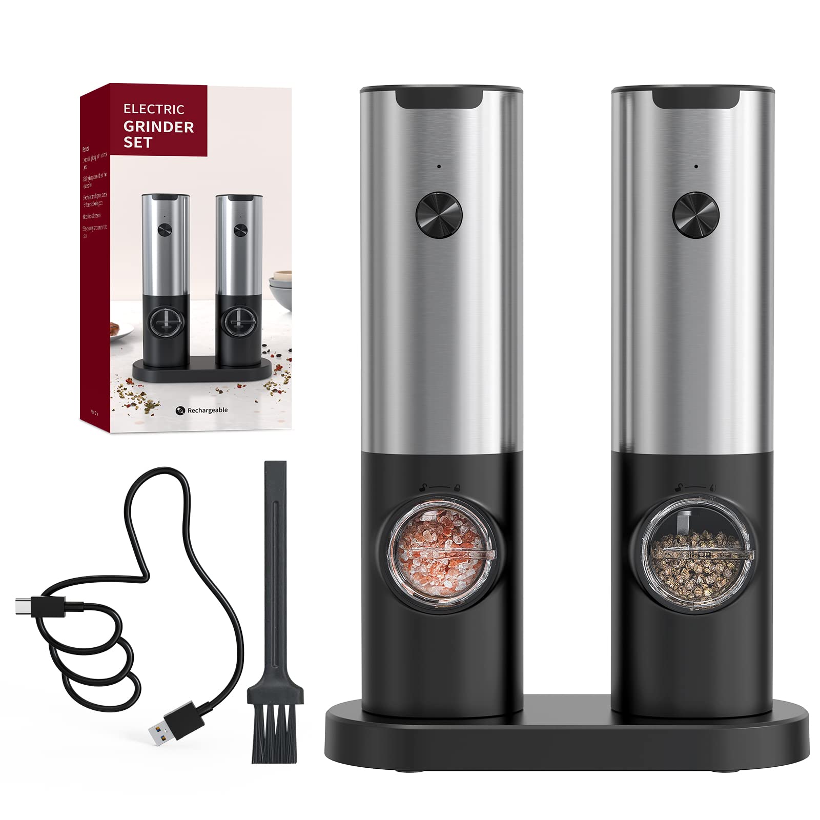 CIRCLE JOY Electric Pepper Grinder Set, Stainless Steel Spice Grinder with Ceramic Grind and Adjustable Coarseness, USB Rechargeable Salt Mills, No Pepper or Salt Included — image 1