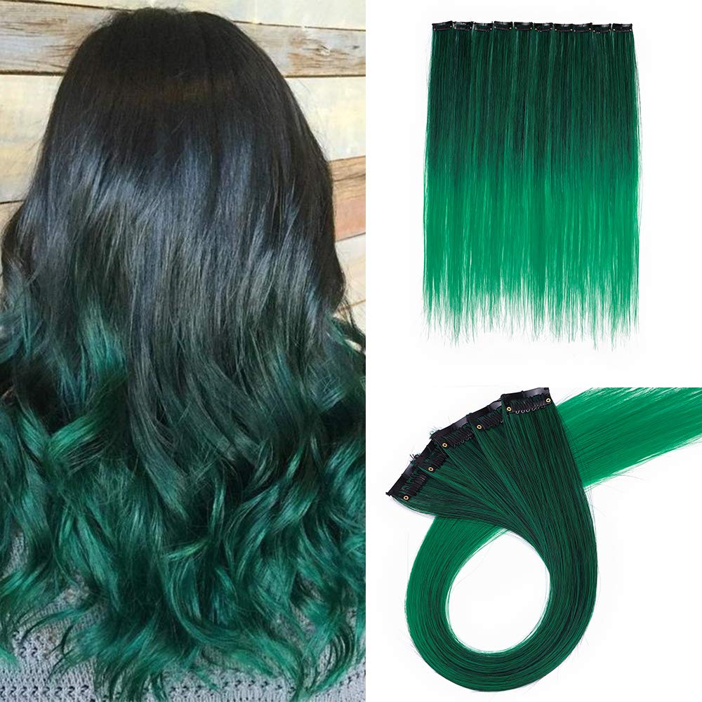 10PCS Colored Clip in Hair Extensions Straight Highlight Hairpiece Ombre 20 Inch Party DIY Hair Accessories For Kids Girls, Natural Black & Green