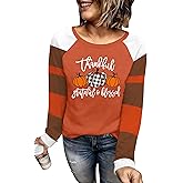 Thanksgiving Shirts for Women: Thankful Pumpkin Graphic T-Shirt Casual Turkey Fall Long Sleeve Tee Tops