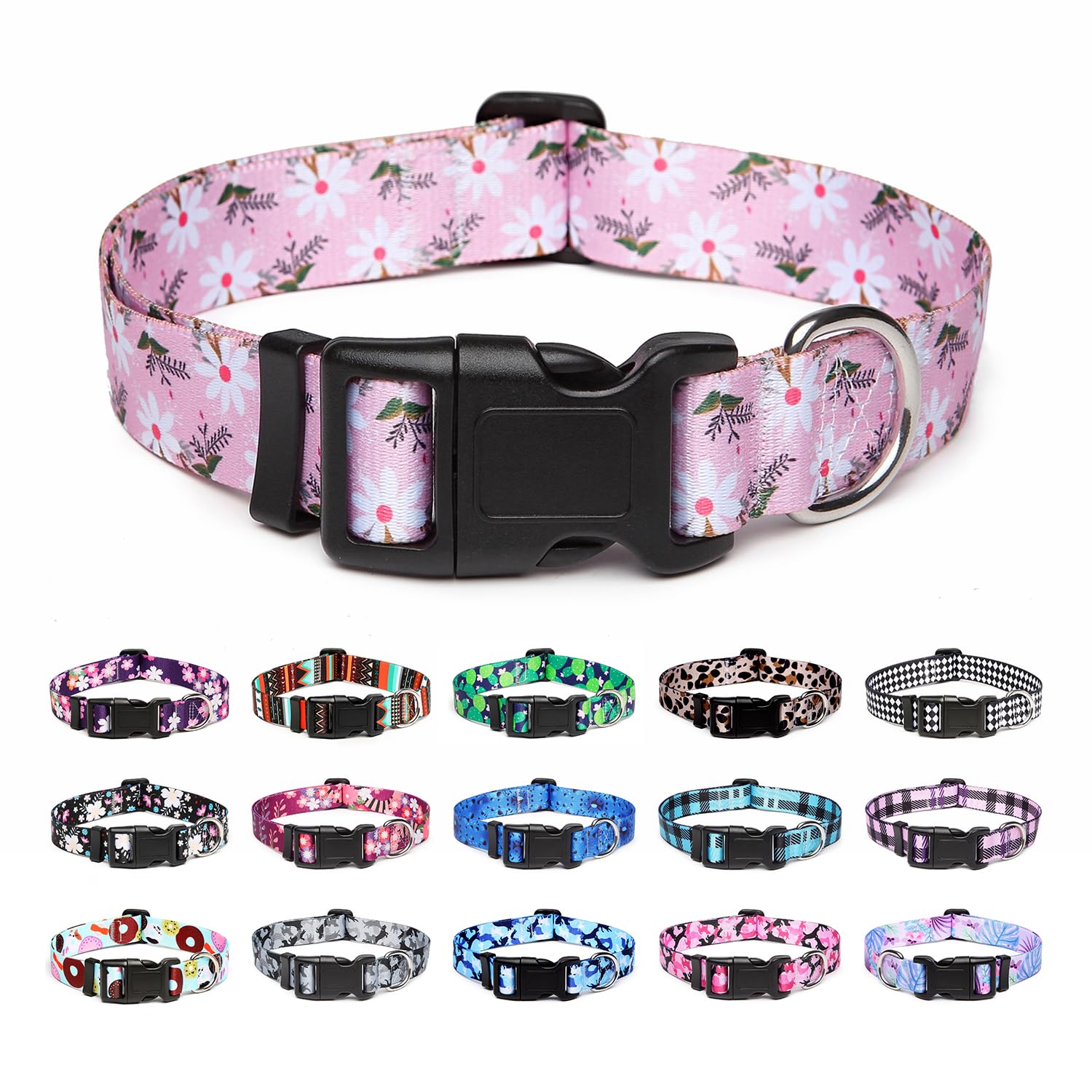 Mercano Adjustable Dog Collar - Special Design Patterns, Soft Nylon Comfortable Durable Pet Collar for Small Medium Large Dogs (M, Pink White Flower)
