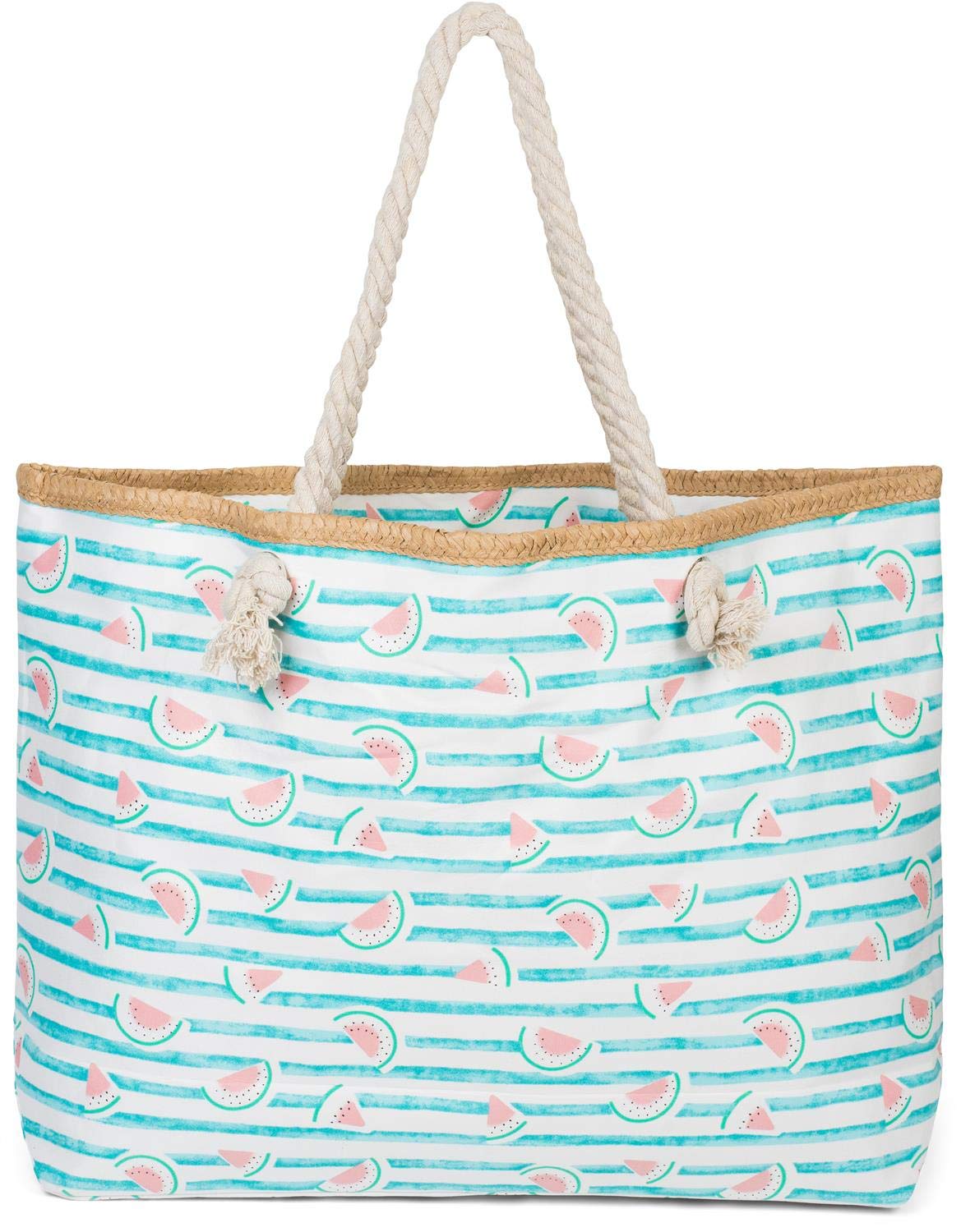 styleBREAKER women XXL beach bag with stripes and melon fruit print, zip, shoulder bag, shopping bag 02012287, color:Turquoise-White