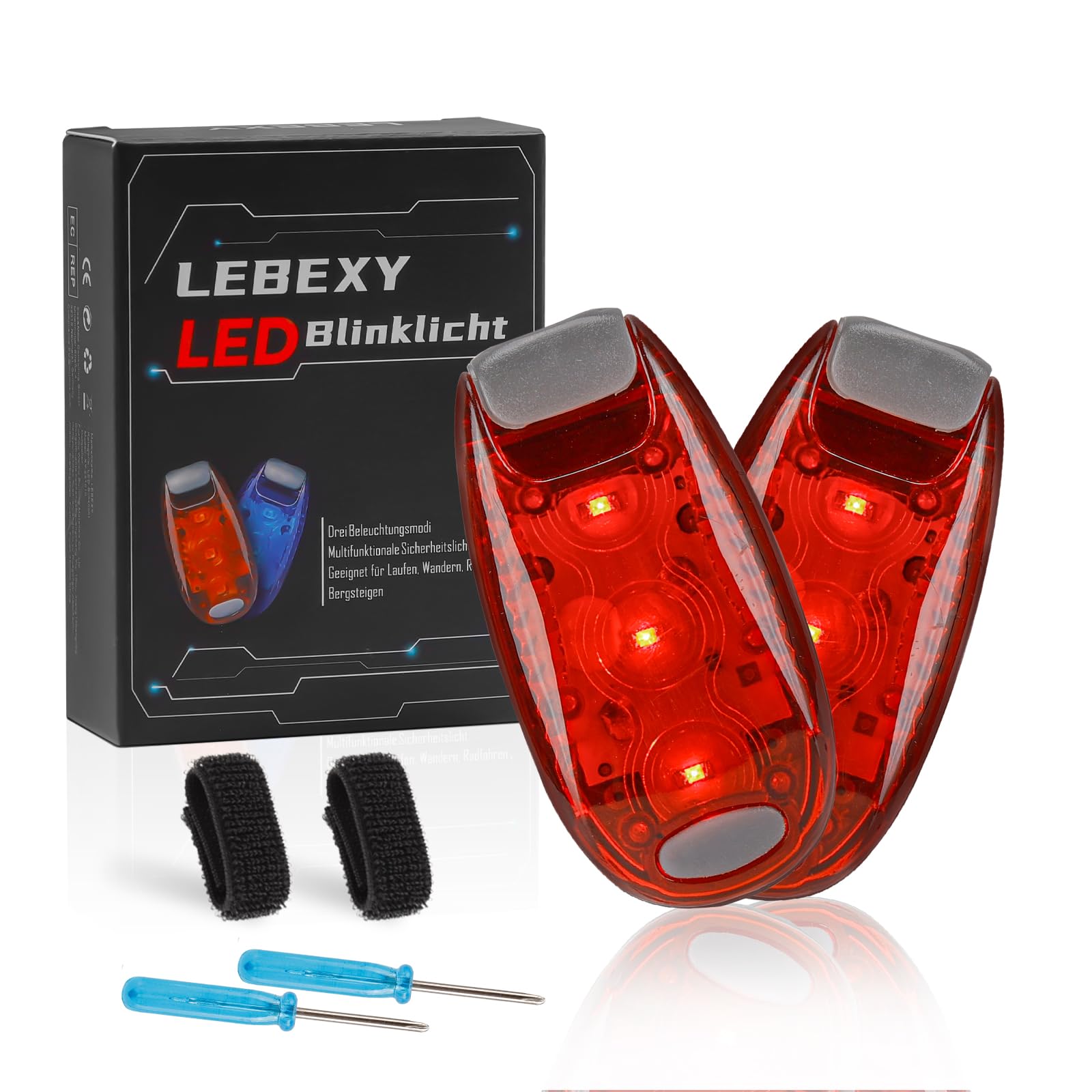 LEBEXY LED Flashing Safety Lights, 2 Pack, 3 Modes, Red, for School Bags, Pushchairs, Cycling, Hiking, Camping, Pets