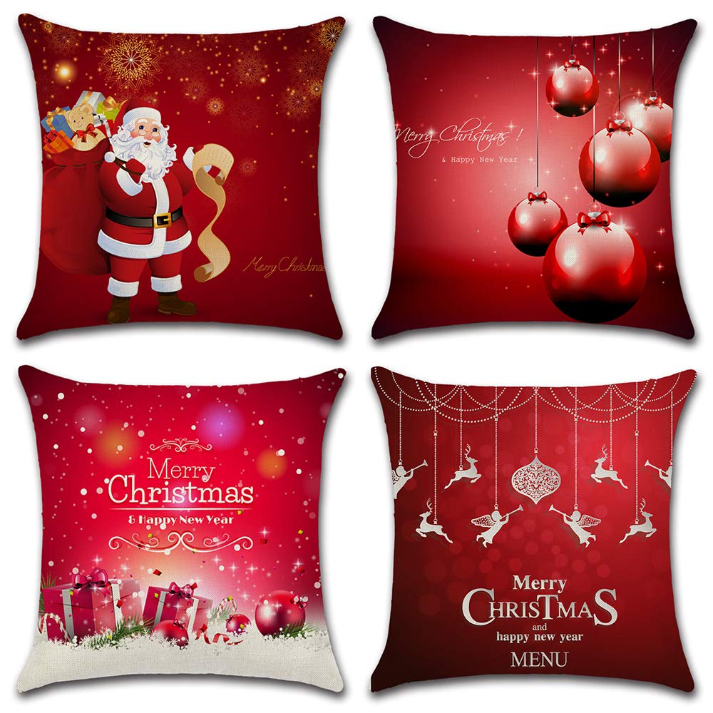 HuifengS Linen Throw Cushion Pillow Covers Square Pillowcase Merry Christmas and Happy New Year Decorative for Sofas Beds Chairs Cushion Cover Set of 4, 18 x 18 Inch