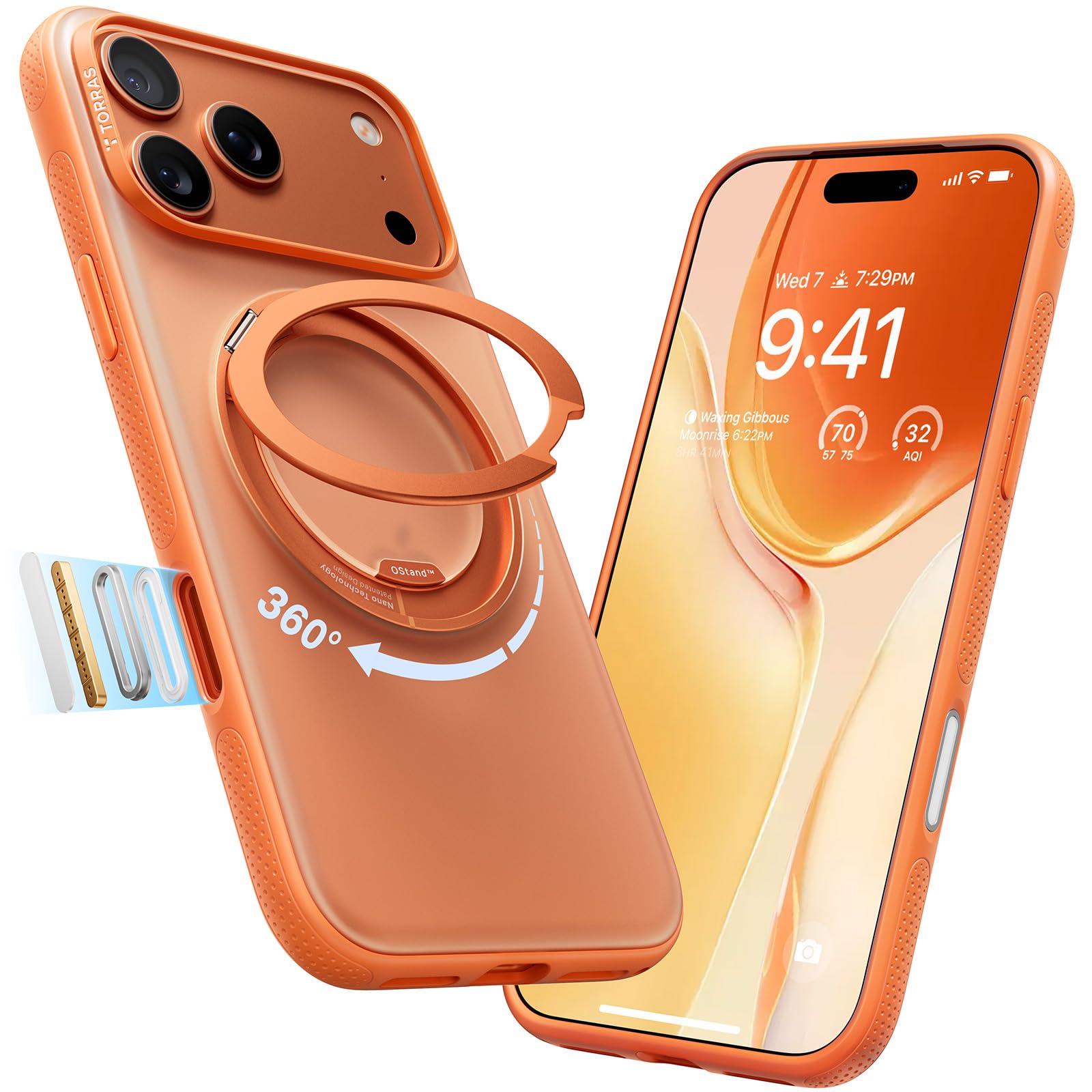 Photo 1 of TORRAS 360 Magnetic Stand for iPhone 17 Pro Case, [Fit for MagSafe] [Rotatable Ring Kickstand] [4X Mil-Grade Shockproof] Slim Phone Cover, Camera Button, Cosmic Orange, Translucent, Ostand O3 Fitness