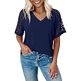 Dokotoo Women's V Neck Lace Short Sleeve Tops Casual Raglan T Shirts Summer Tunic Blouses